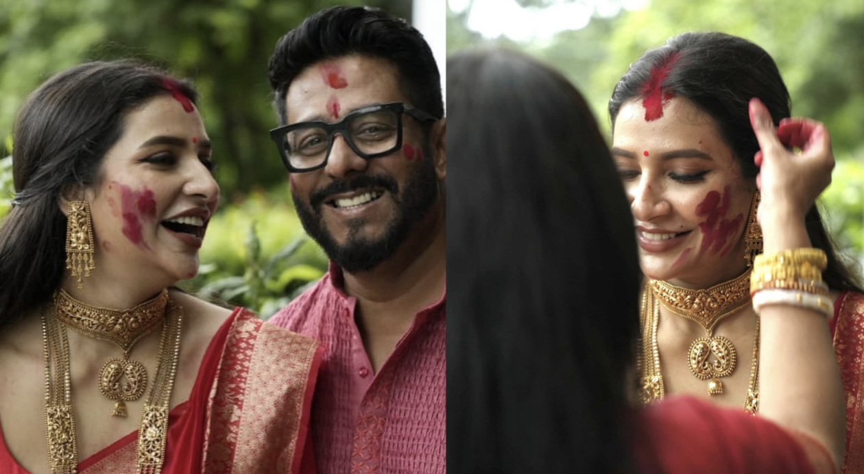 Subhashree Ganguly Durga puja look 2025: with Raj Chakraborty and family